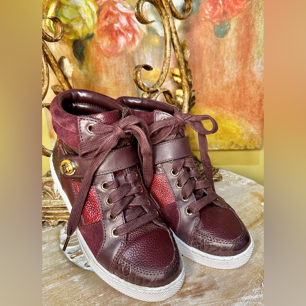 EUC Coach “Pembroke Patchwork” High top Leather Sneakers. Oxblood Size 5